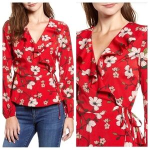 LYDELLE Floral Ruffle Wrap Top Dogwood Blossoms Office Contemporary Size Medium